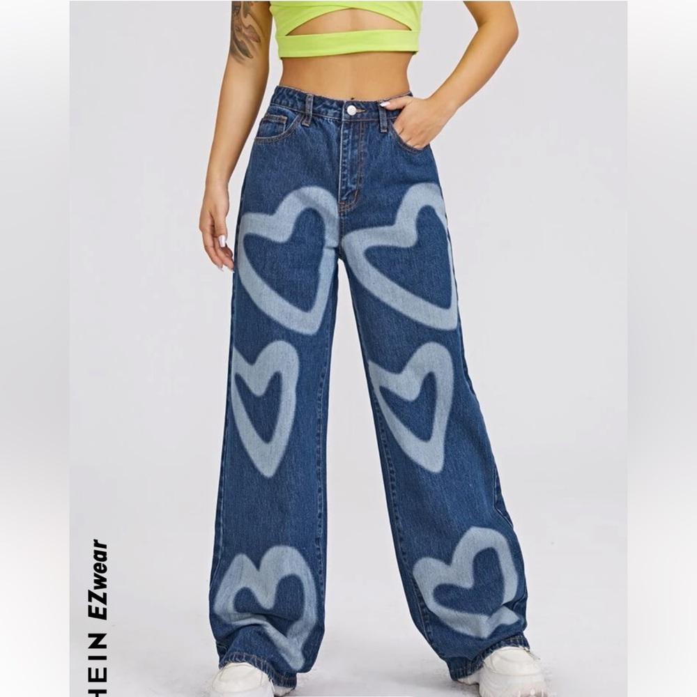 High Waist Heart Print Wide Leg Jeans